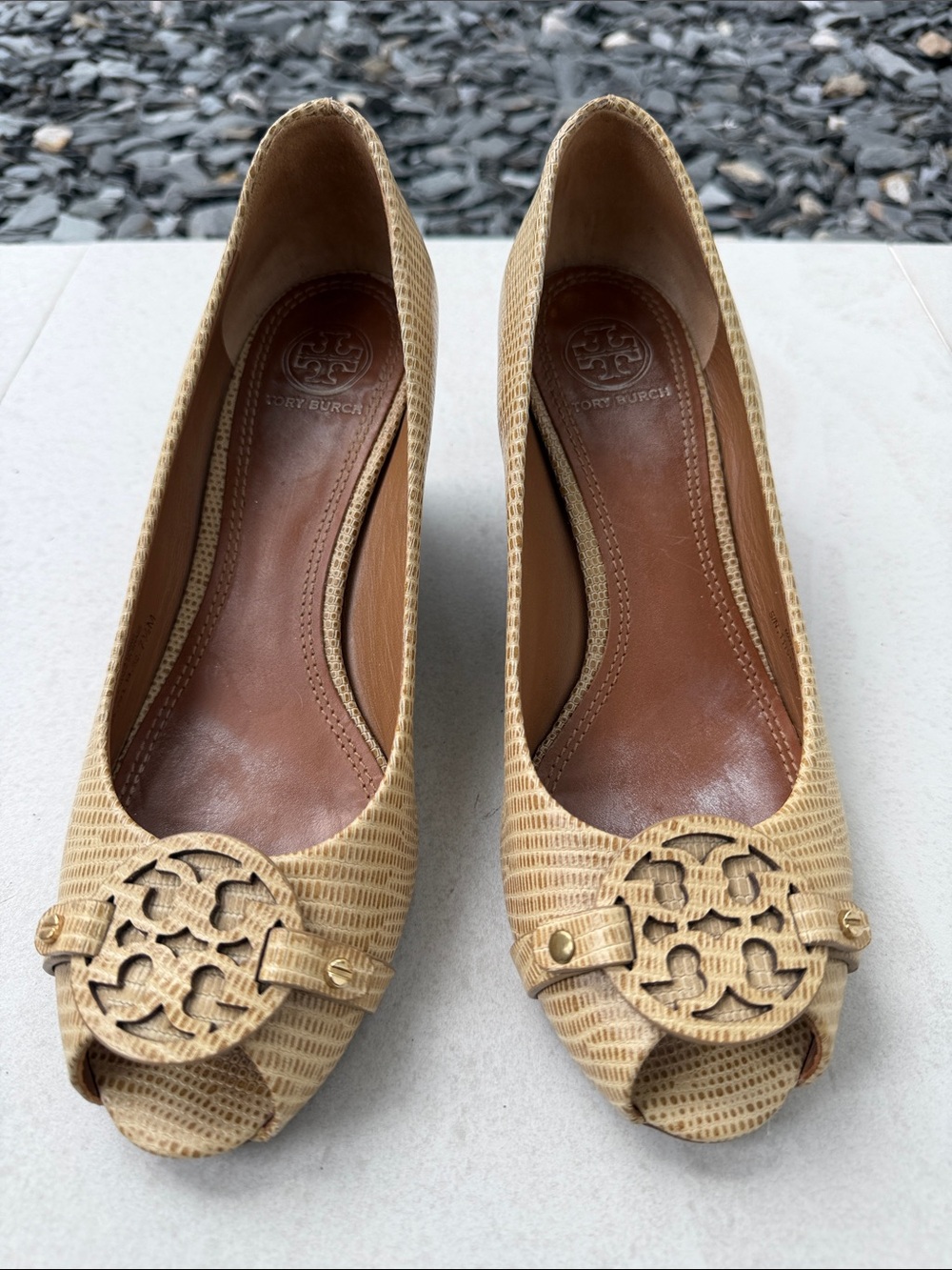Tory Burch Beige/Tan Peep-Toe Flats with Logo Medallion